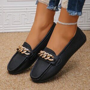 Rongen Womens Black Loafers with Gold Chain Accent Size 20 NWOT